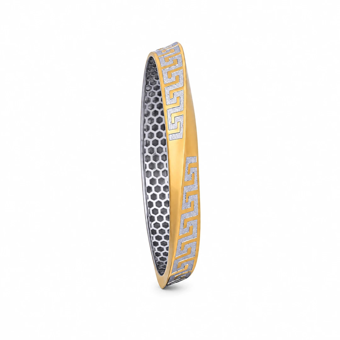 Gold-Tone Greek Key Inlay Ladies Bangle | 925 Sterling Silver