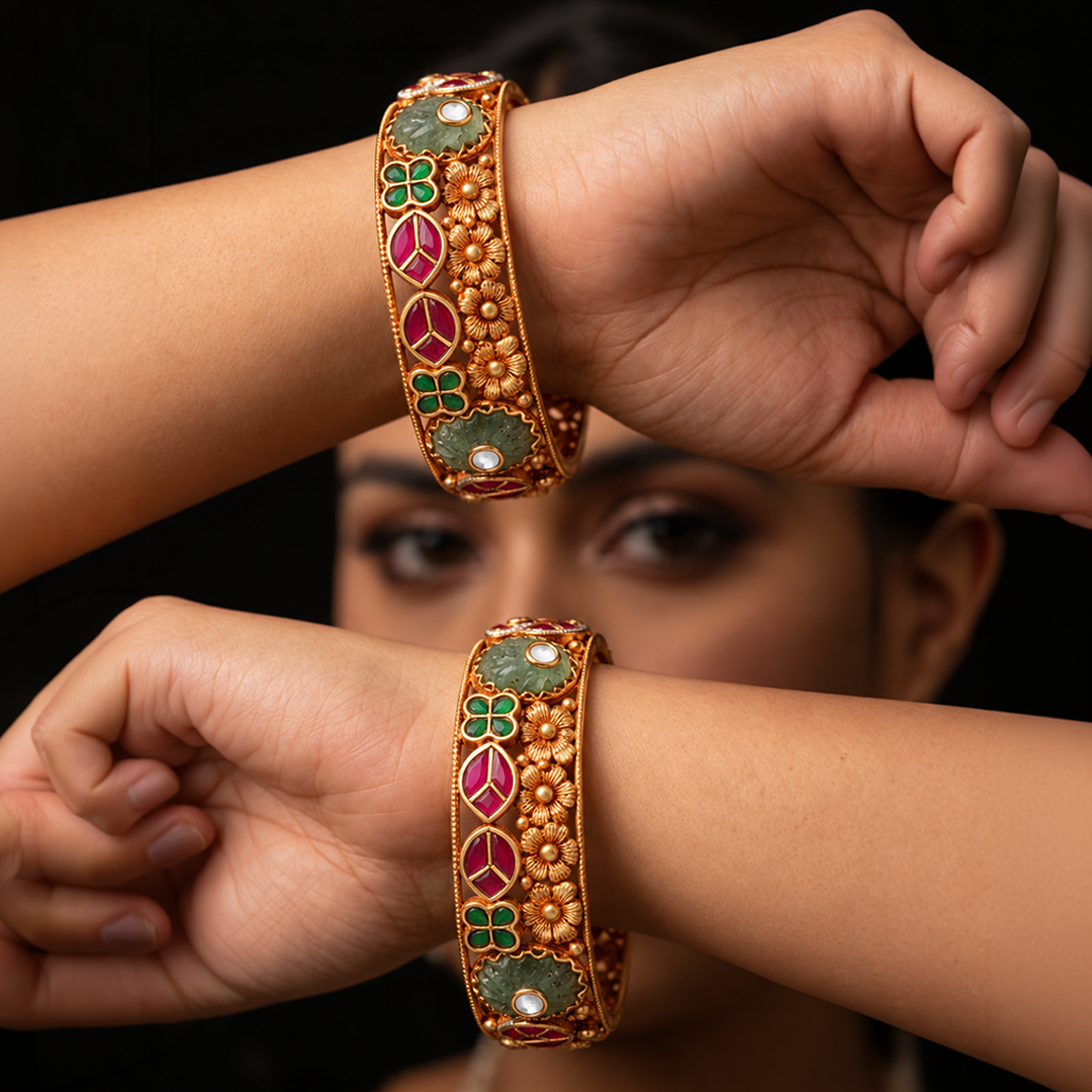 Floral Heritage Bangle Pair with Red & Green Accents