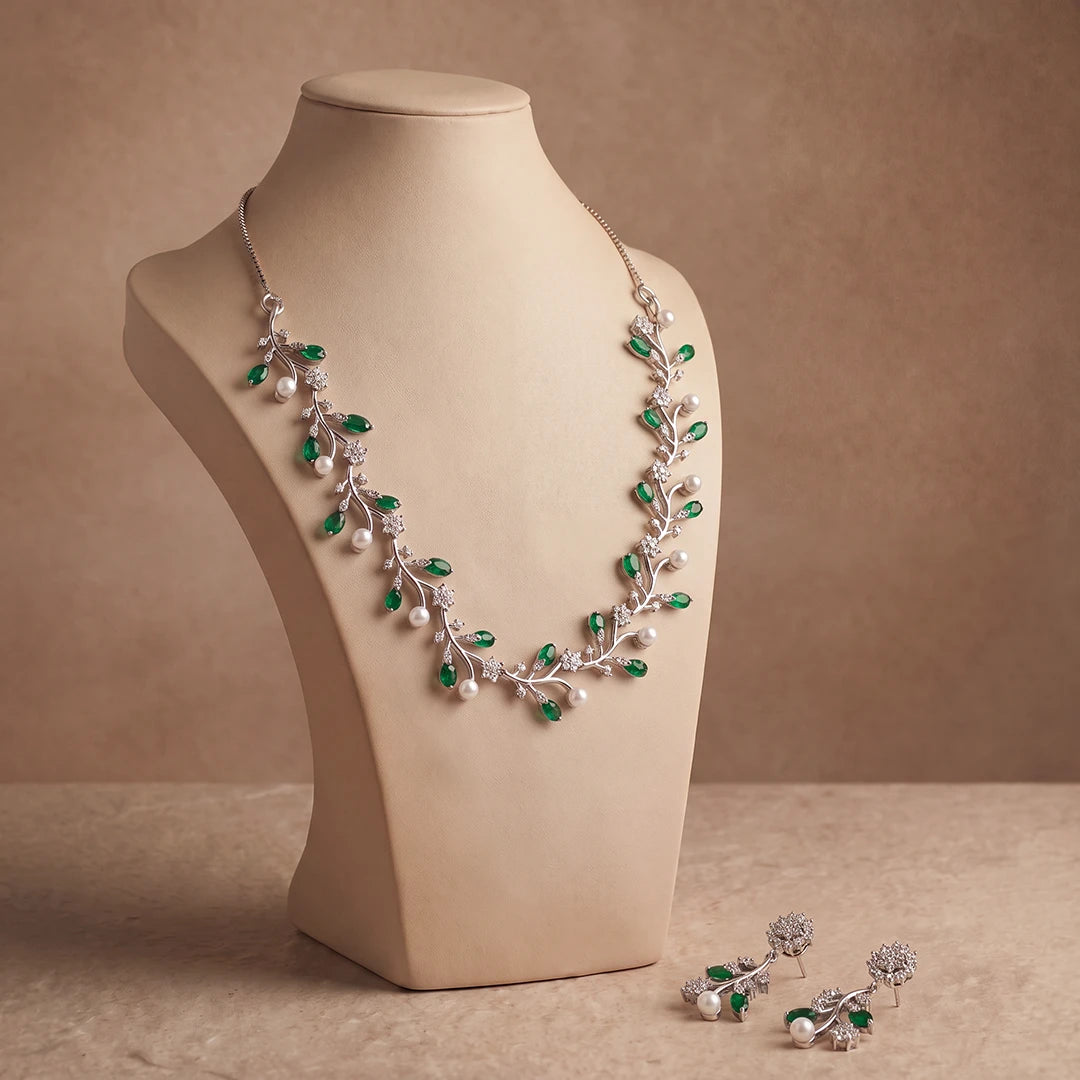 Verdant Vine Pearl Necklace Set | 925 Sterling Silver