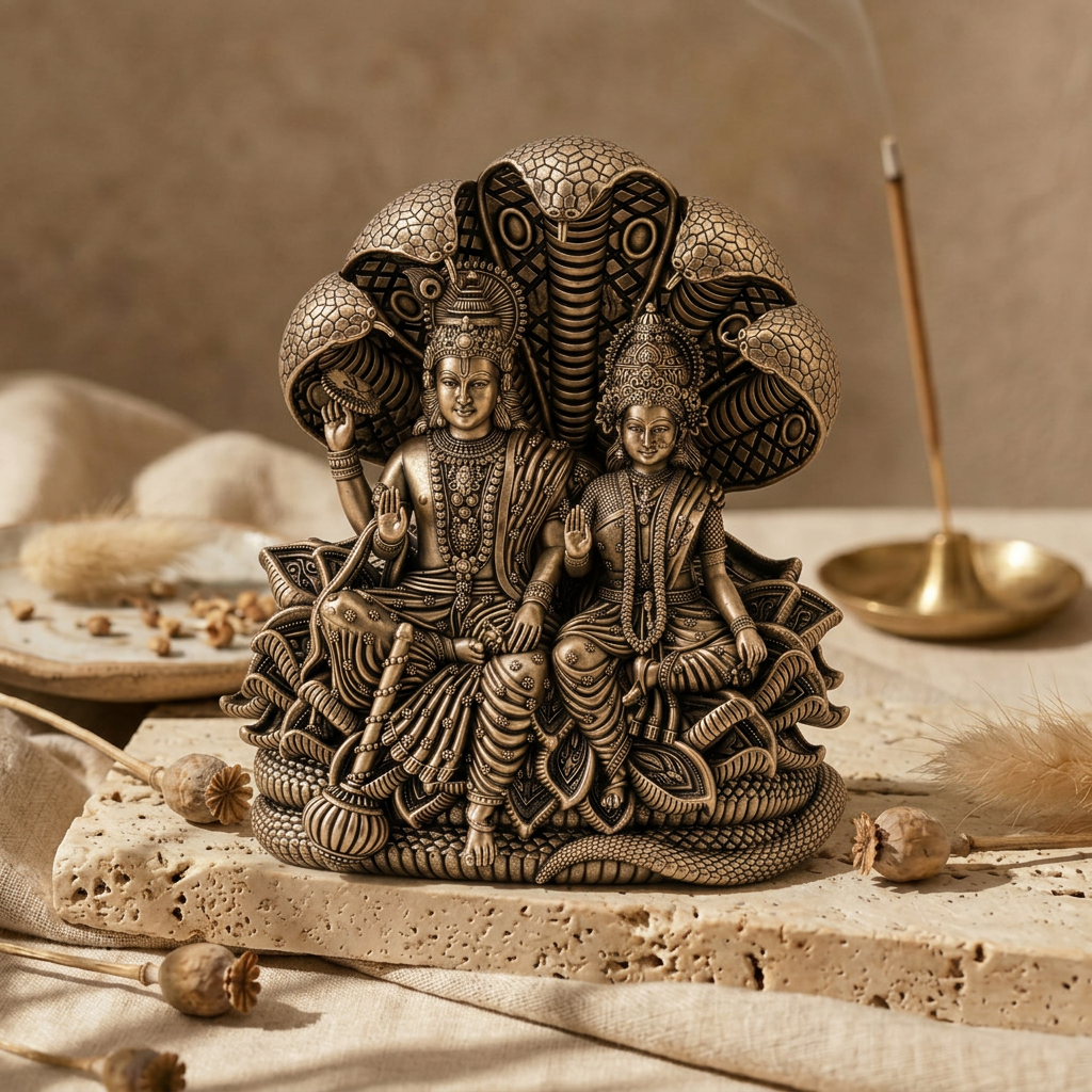 Antique Finish Lord Vishnu & Goddess Lakshmi Idol with Sheshnag