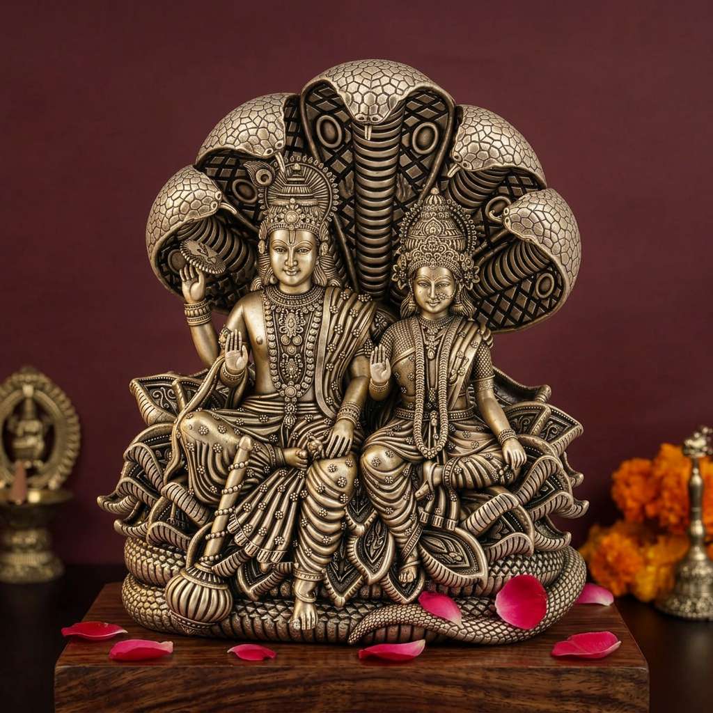 Antique Finish Lord Vishnu & Goddess Lakshmi Idol with Sheshnag