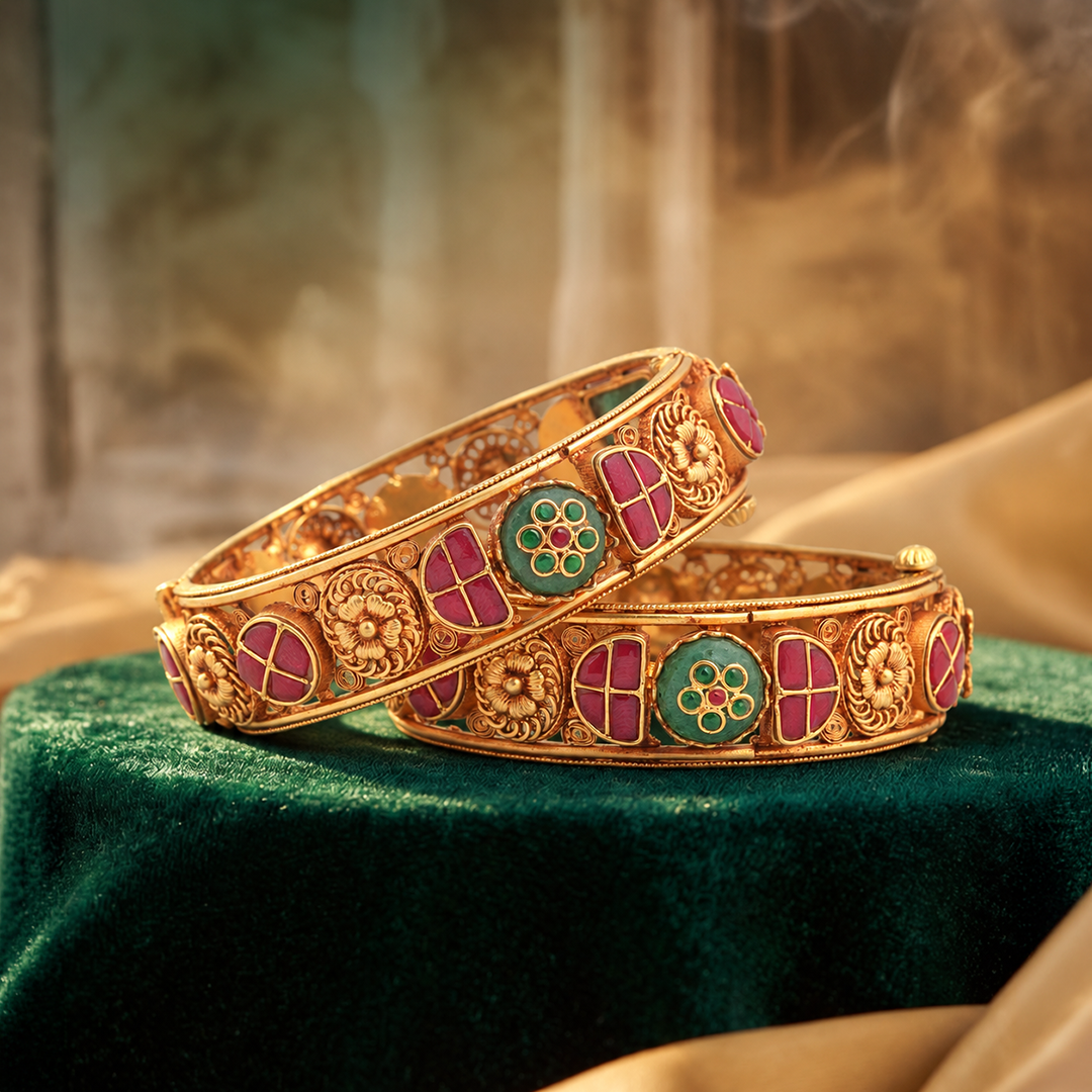 Royal Floral Heritage Bangle Pair with Red & Green Accents