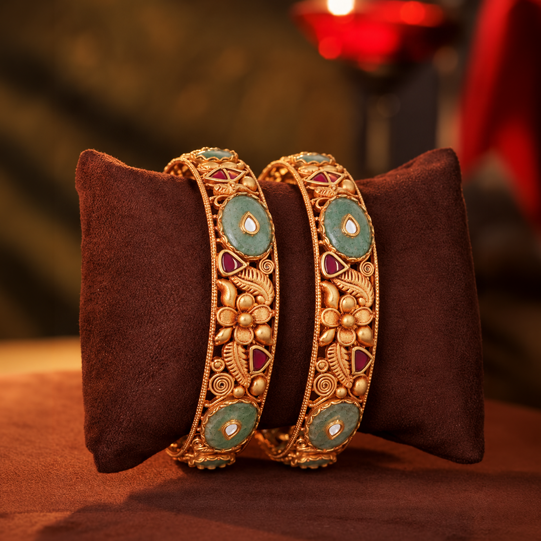 Floral Vine Heritage Bangle Pair with Green & Red Accents