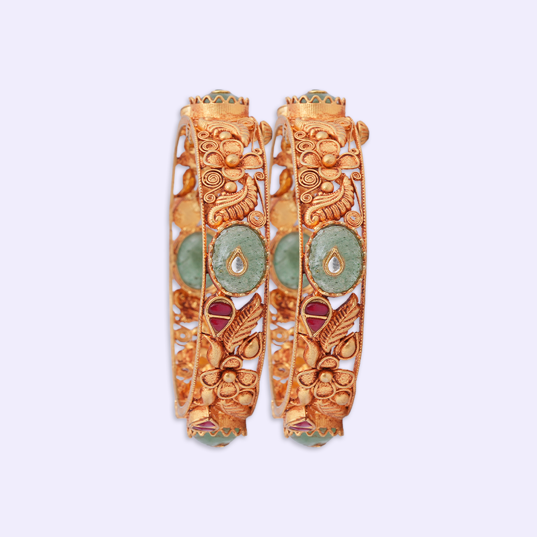 Floral Vine Heritage Bangle Pair with Green & Red Accents