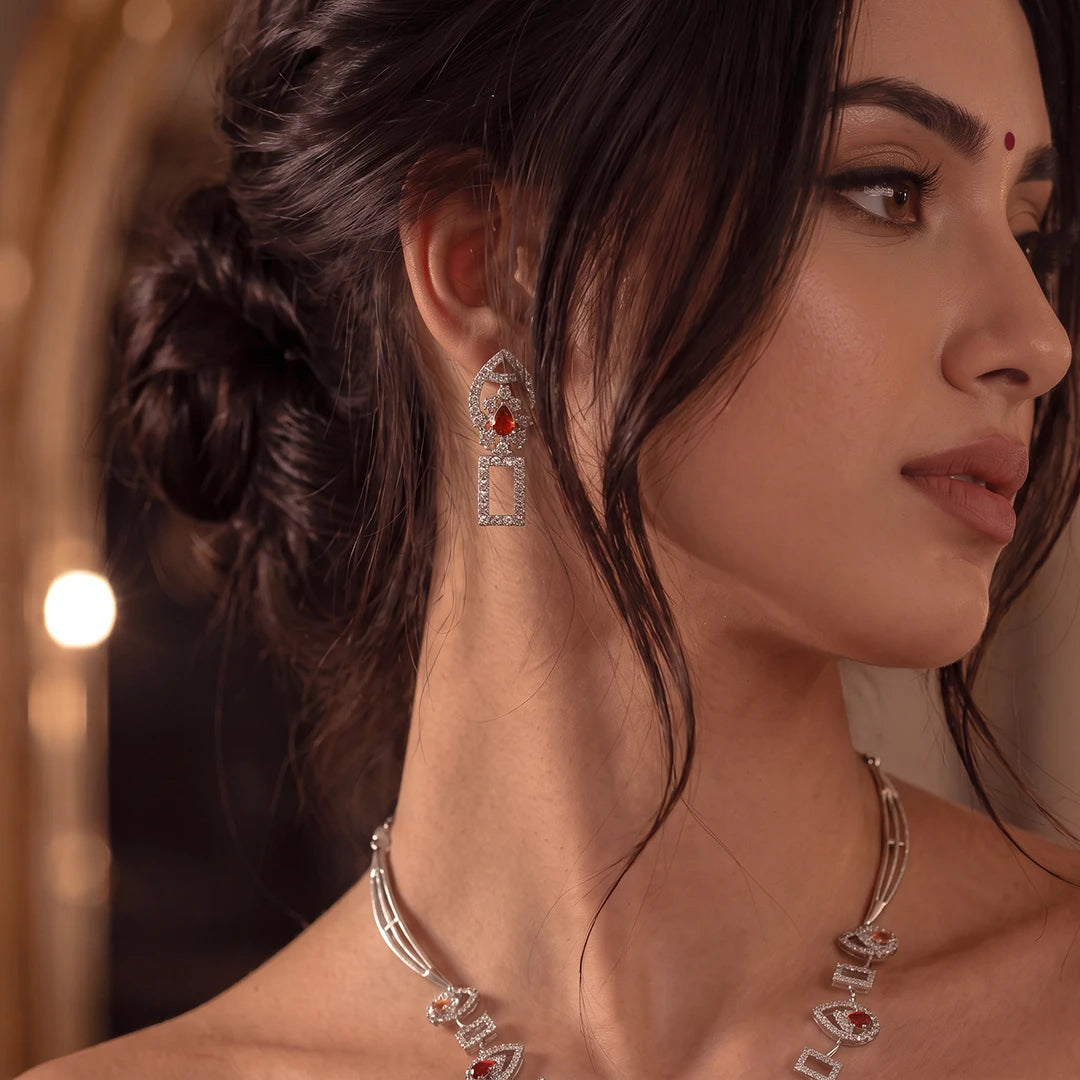Crimson Teardrop Link Necklace Set | 925 Sterling Silver
