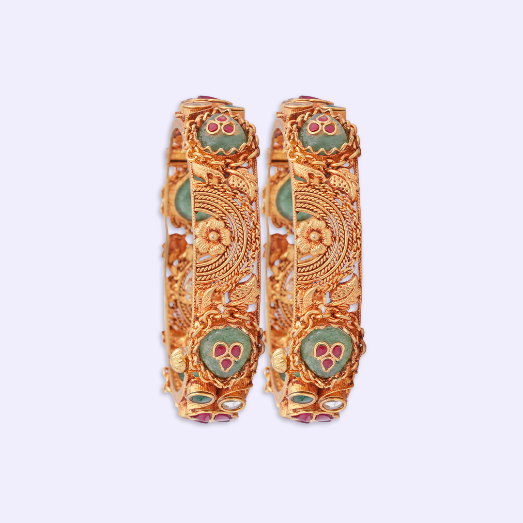Spiral Floral Heritage Bangle Pair with Green & Red Accents