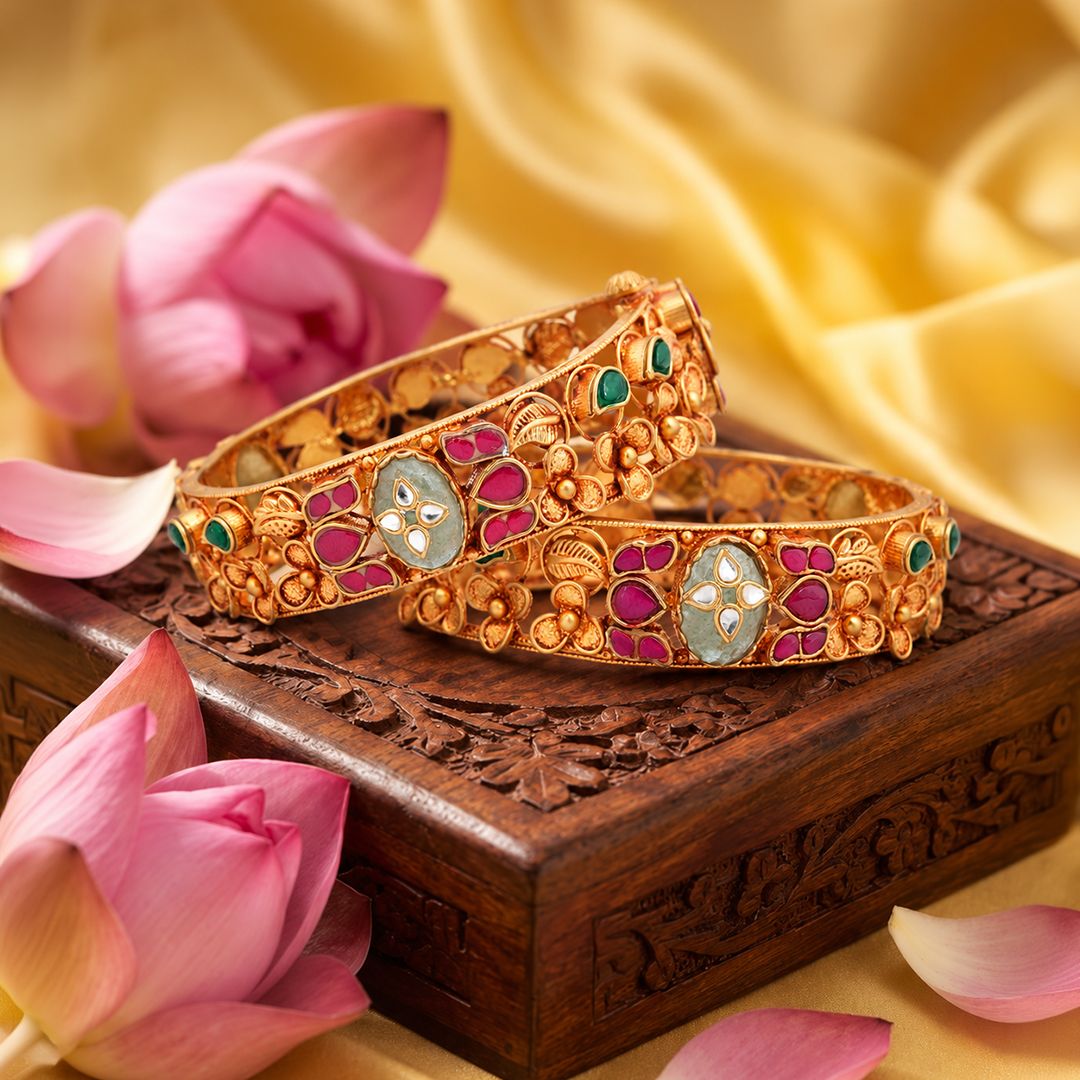Floral Kundan-Inspired Heritage Bangle Pair with Red & Green Accents