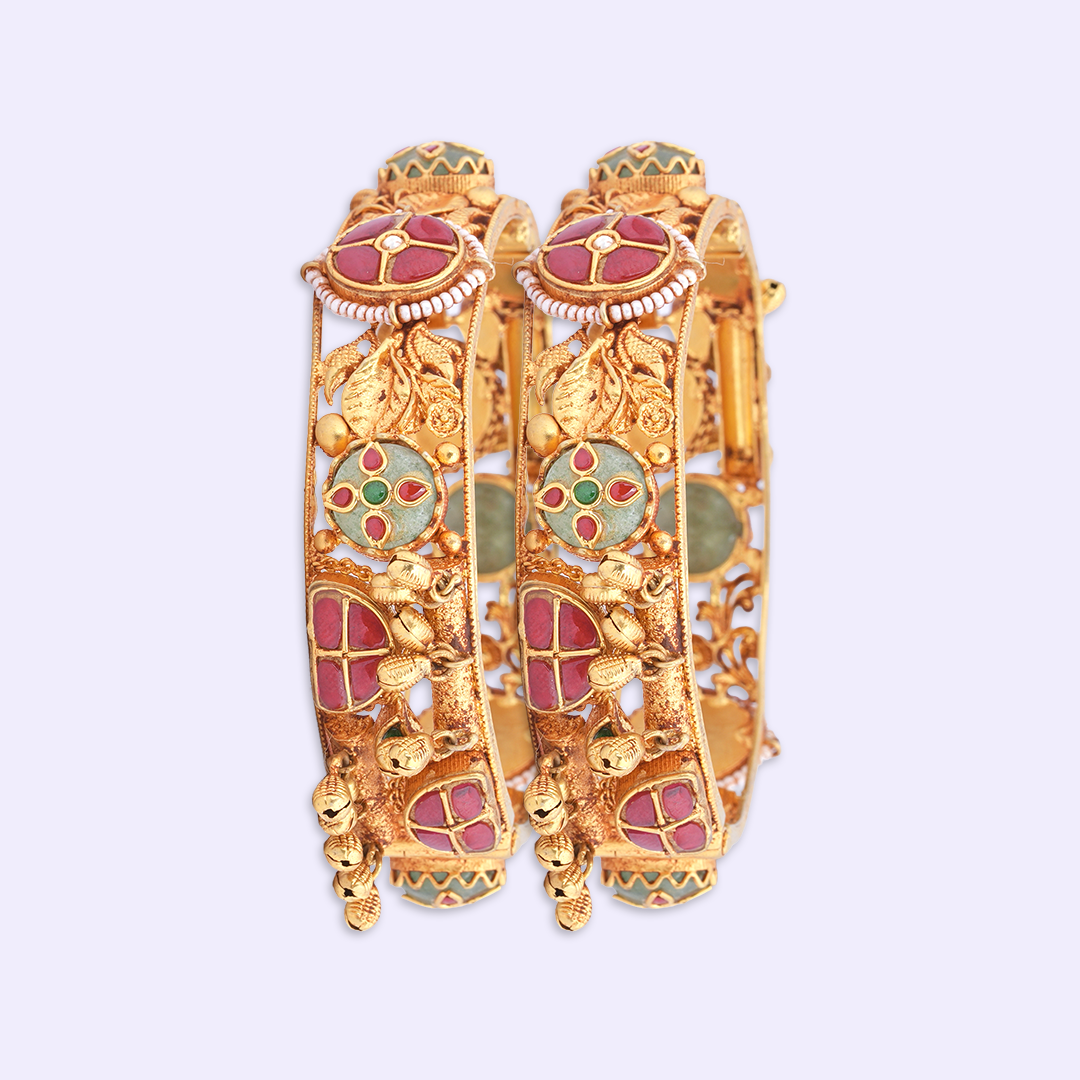 Royal Floral Heritage Bangle Pair with Red & Green Accents
