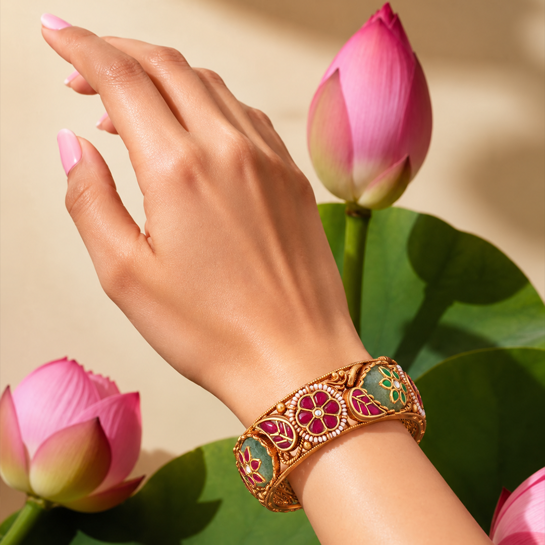 Floral Leaf Heritage Bangle Pair with Red & Green Accents