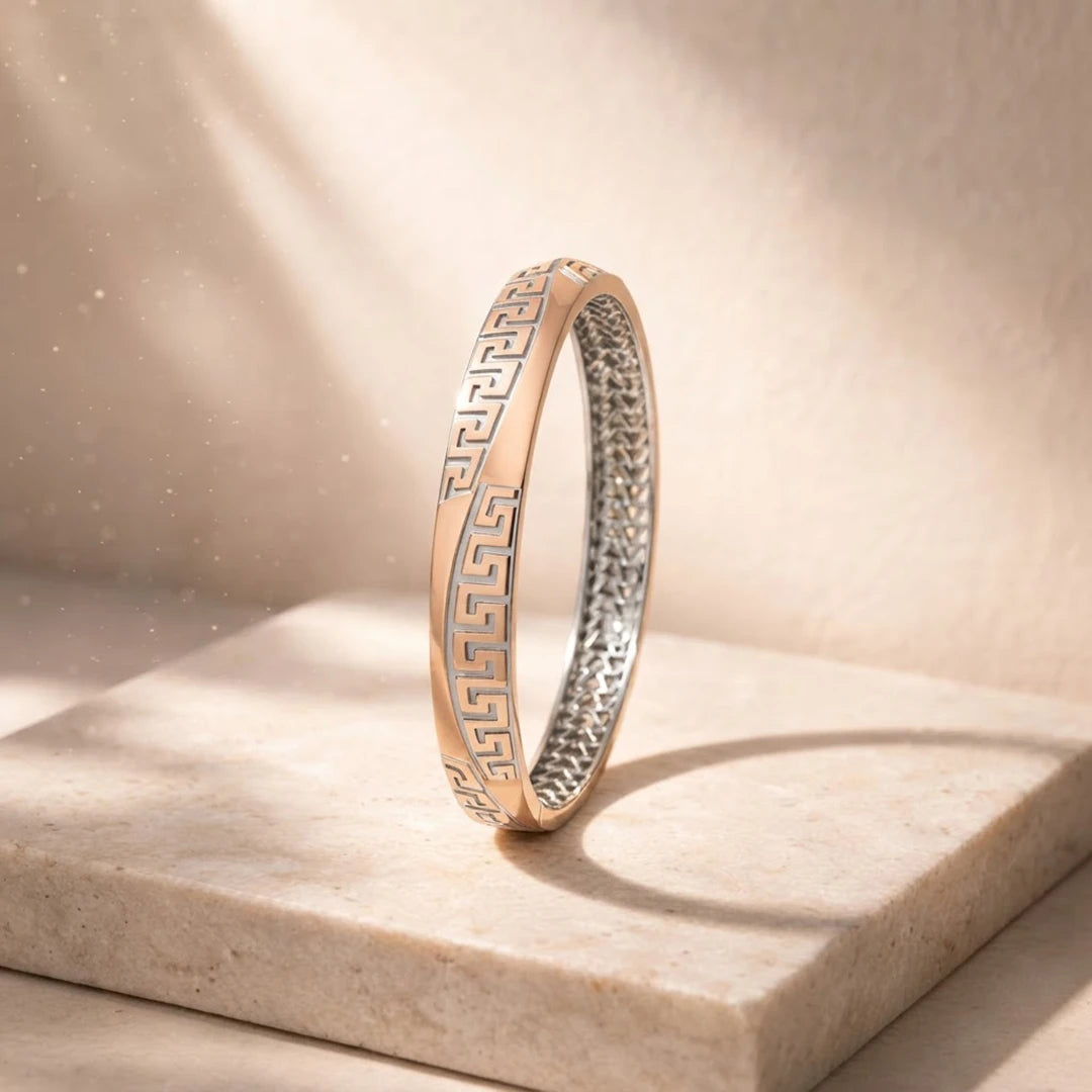 Rose-Silver Meander Panel Ladies Bangle | 925 Sterling Silver