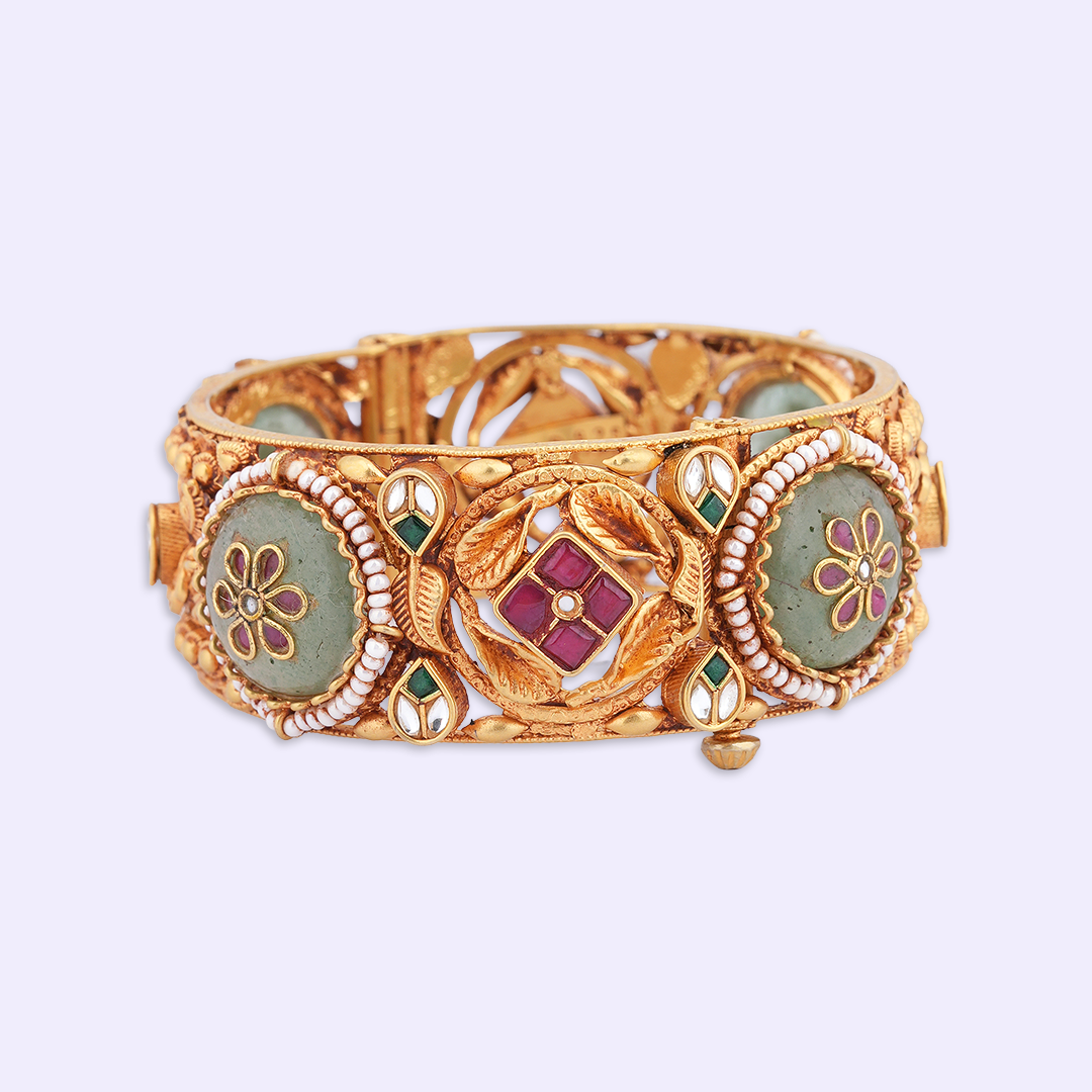 Floral Medallion Heritage Bangle with Ruby & Green Accents