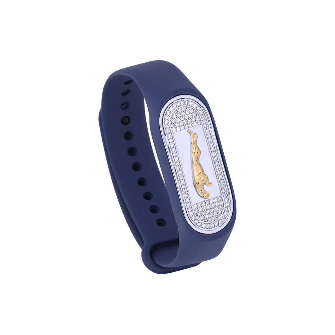 Midnight Feline Crest Flexible Strap Bracelet | 925 Sterling Silver