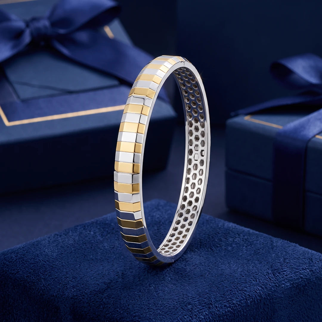 Gold-Silver Striped Ladies Bangle | 925 Sterling Silver