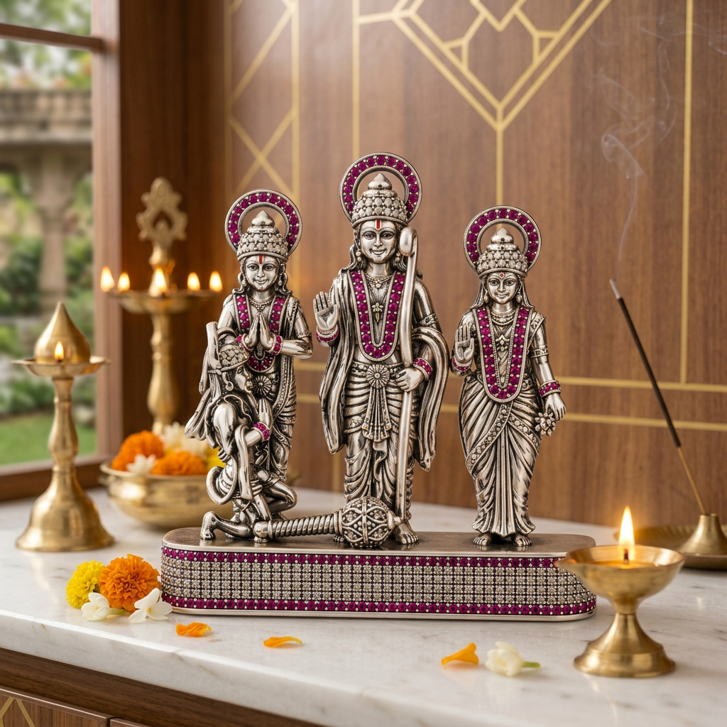 Silver Tone Ram Darbar Idol with Hanuman & Pink Stone Work