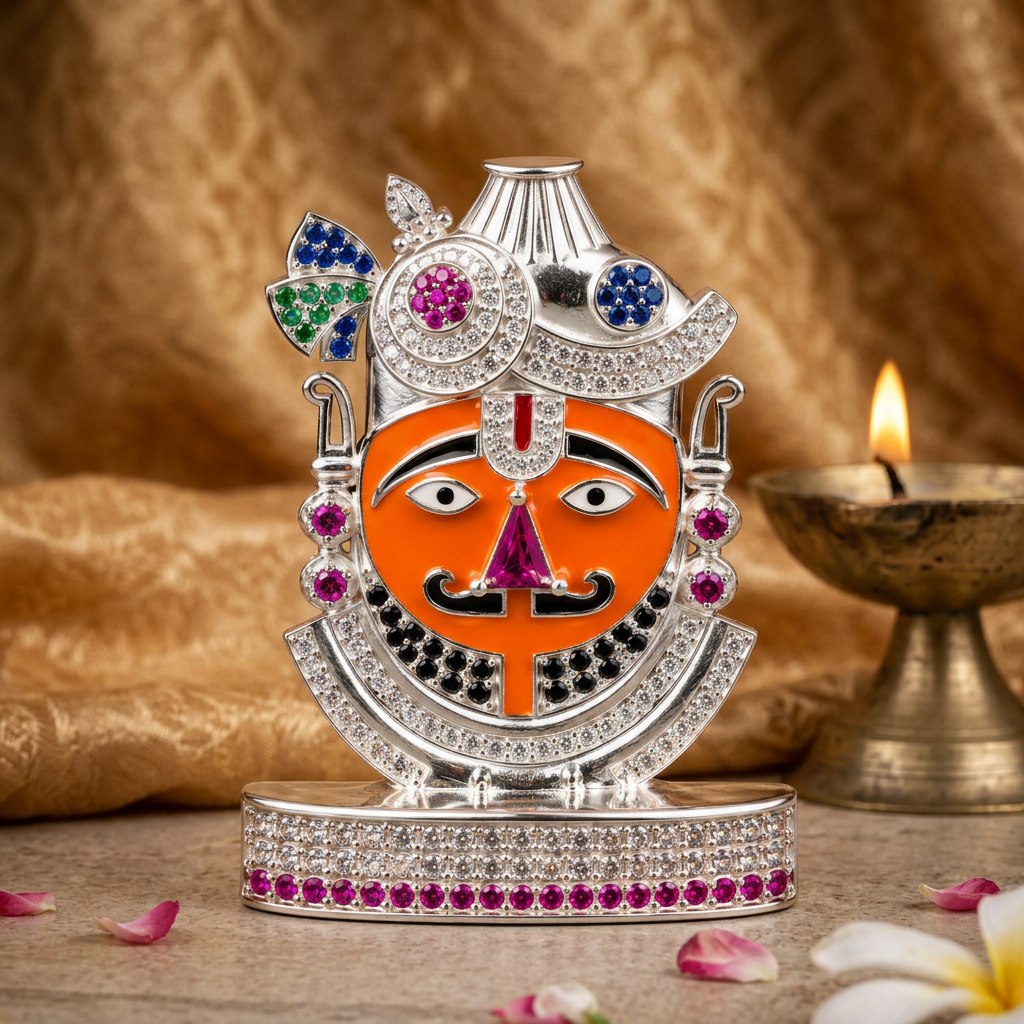 Silver Tone Khatu Shyam Ji Idol with Multicolor Stone Work