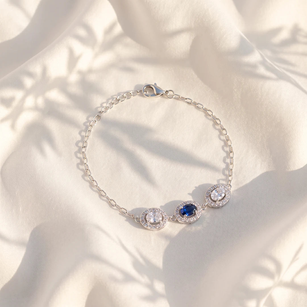 Blue Oval Trio Halo Ladies Bracelet | 925 Sterling Silver