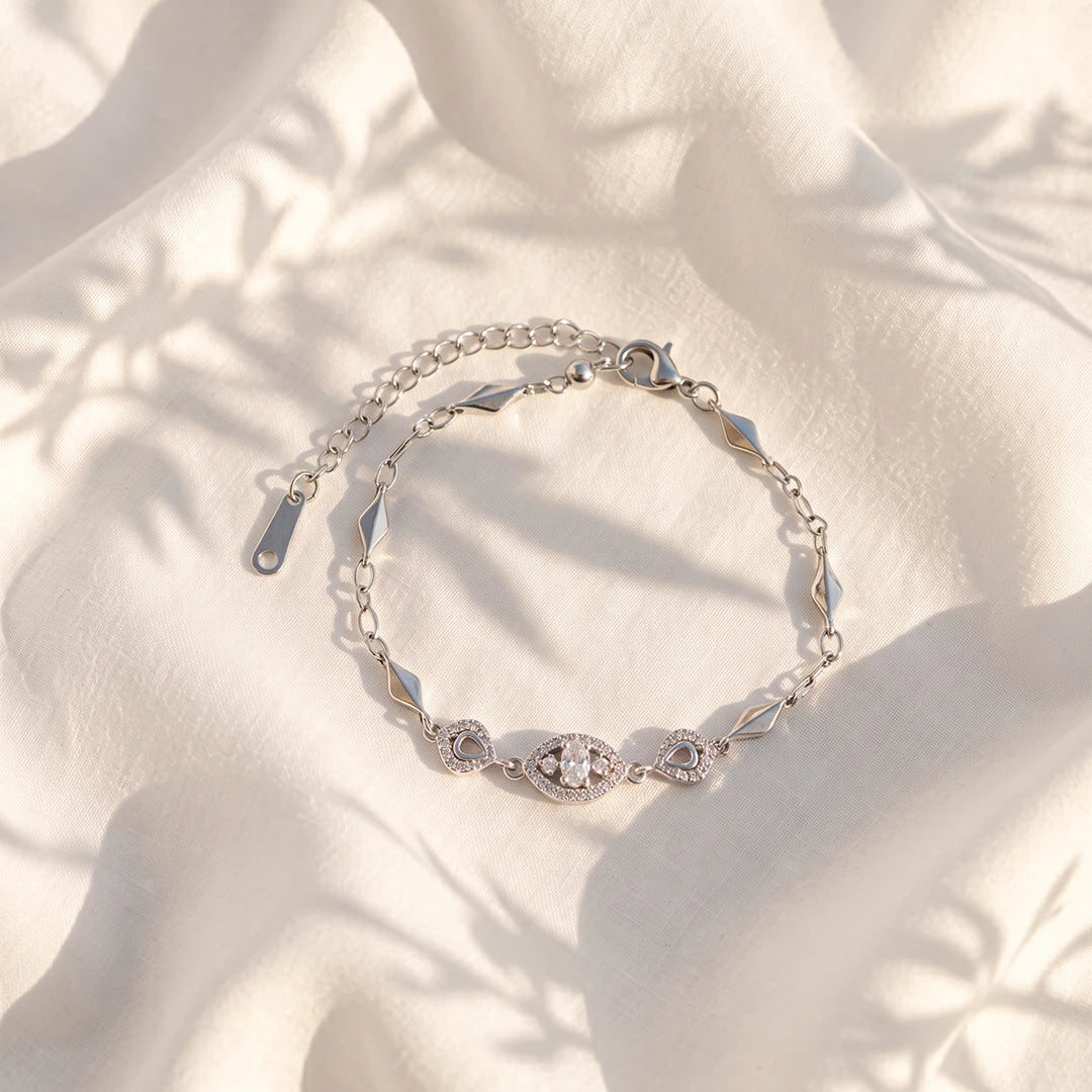 Marquise Halo Leaf Link Ladies Bracelet | 925 Sterling Silver