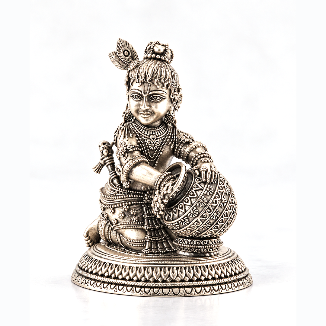 Antique Silver Tone Bal Krishna Idol with Matki