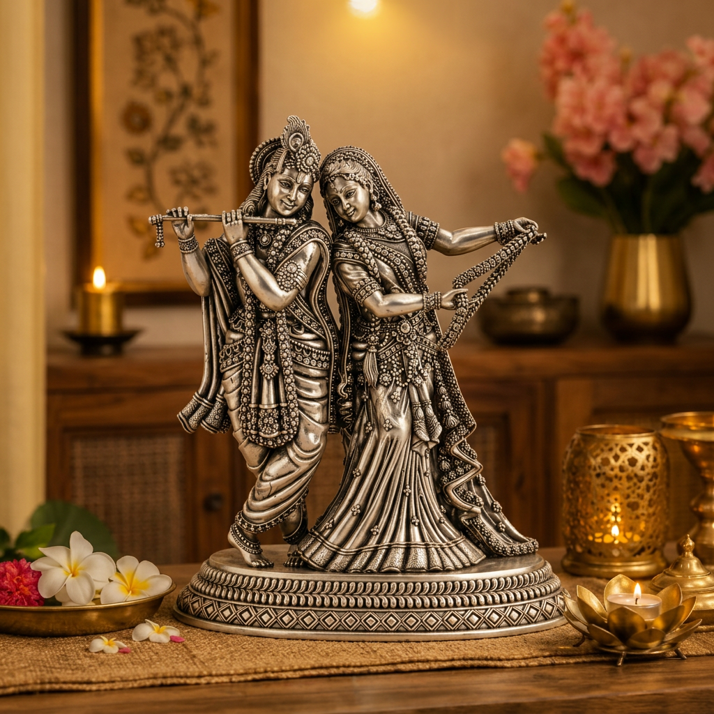 Antique Silver Tone Radha Krishna Idol with Flute & Garland