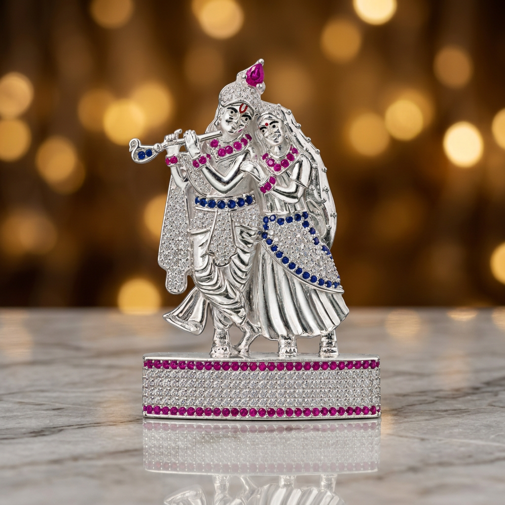 Silver Tone Radha Krishna Idol with Flute & Pink Blue Crystal Work