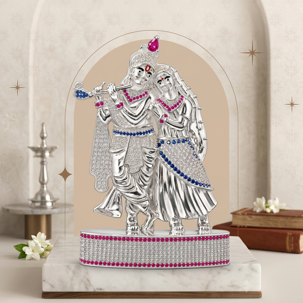 Silver Tone Radha Krishna Idol with Flute & Pink Blue Stone Work