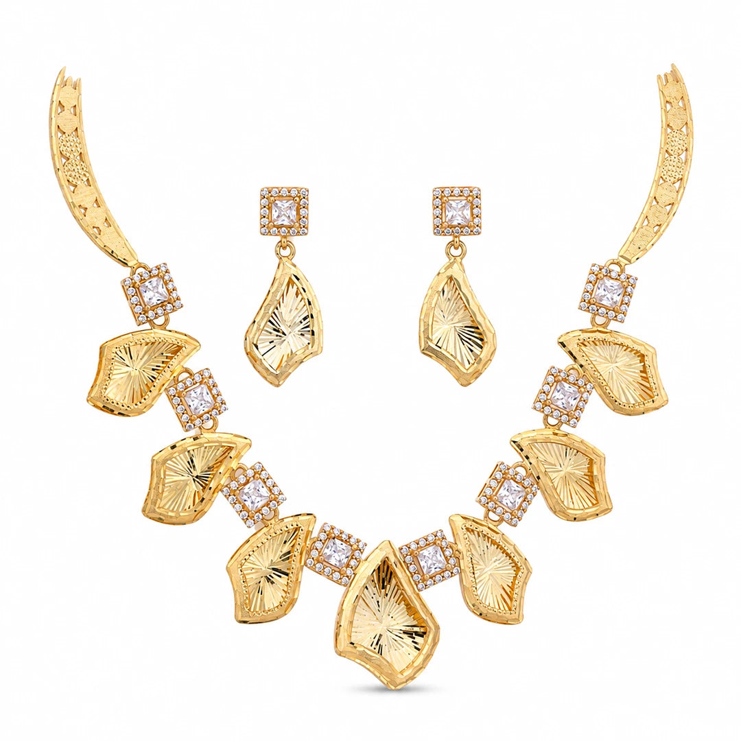 Golden Facet Leaf Necklace Set | 925 Sterling Silver