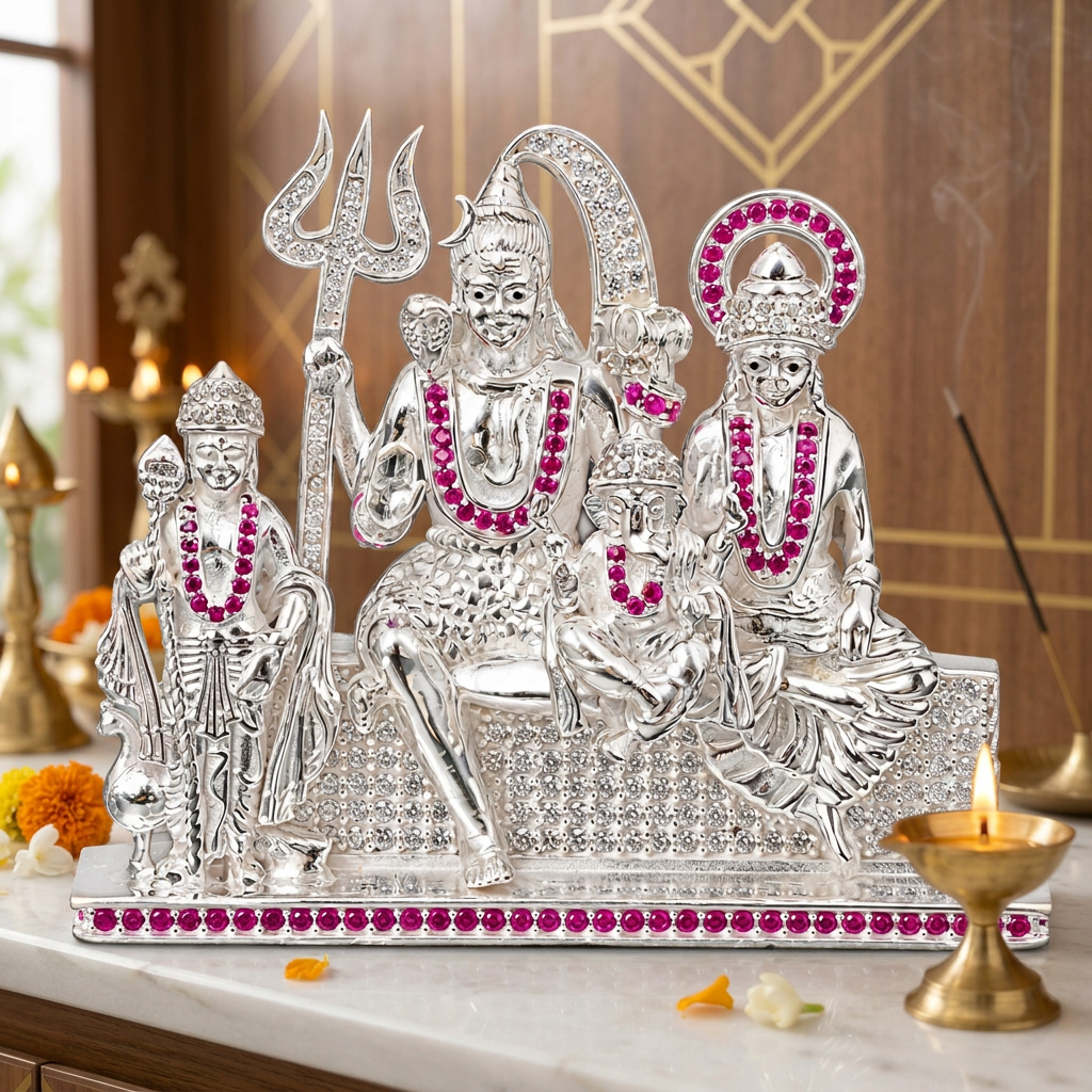 Silver Tone Shiva Parivar Idol with Pink & Clear Stone Work