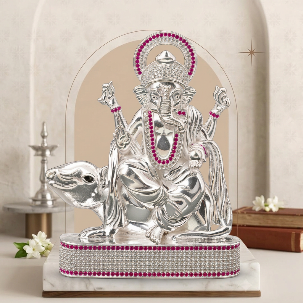 Silver Tone Lord Ganesha Idol with Mushak & Pink Clear Stone Work