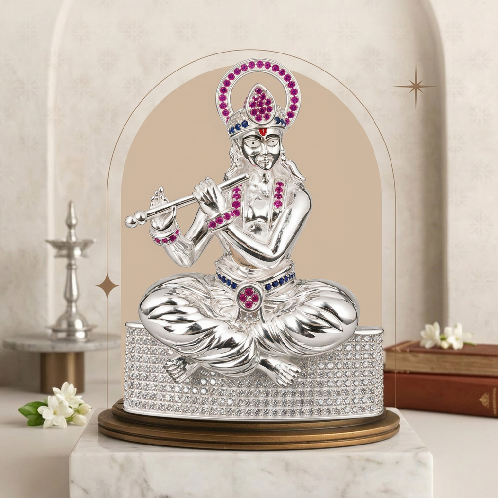 Silver Tone Lord Krishna Idol with Flute & Multicolor Stone Work