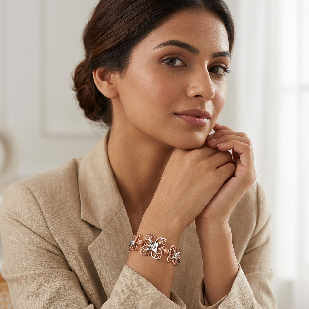 Rose Gold Starflower Petal Frame Ladies Bracelet | 925 Sterling Silver