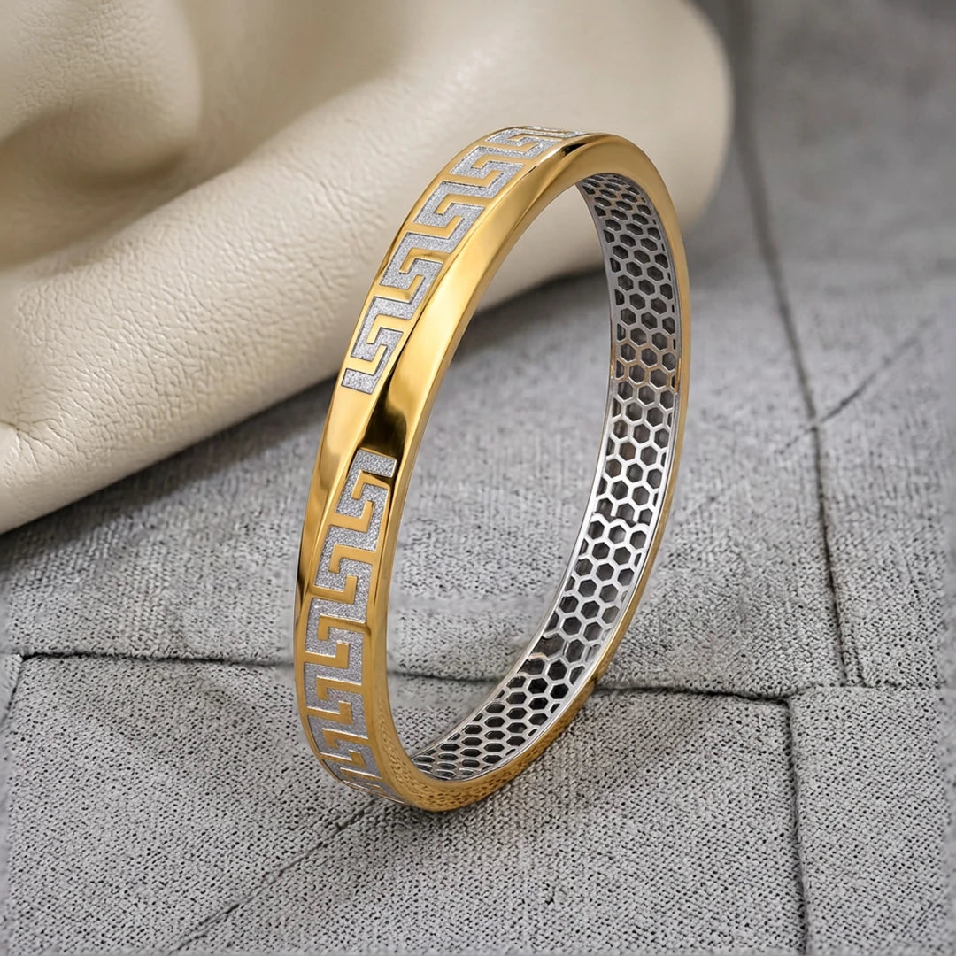 Gold-Tone Greek Key Inlay Ladies Bangle | 925 Sterling Silver