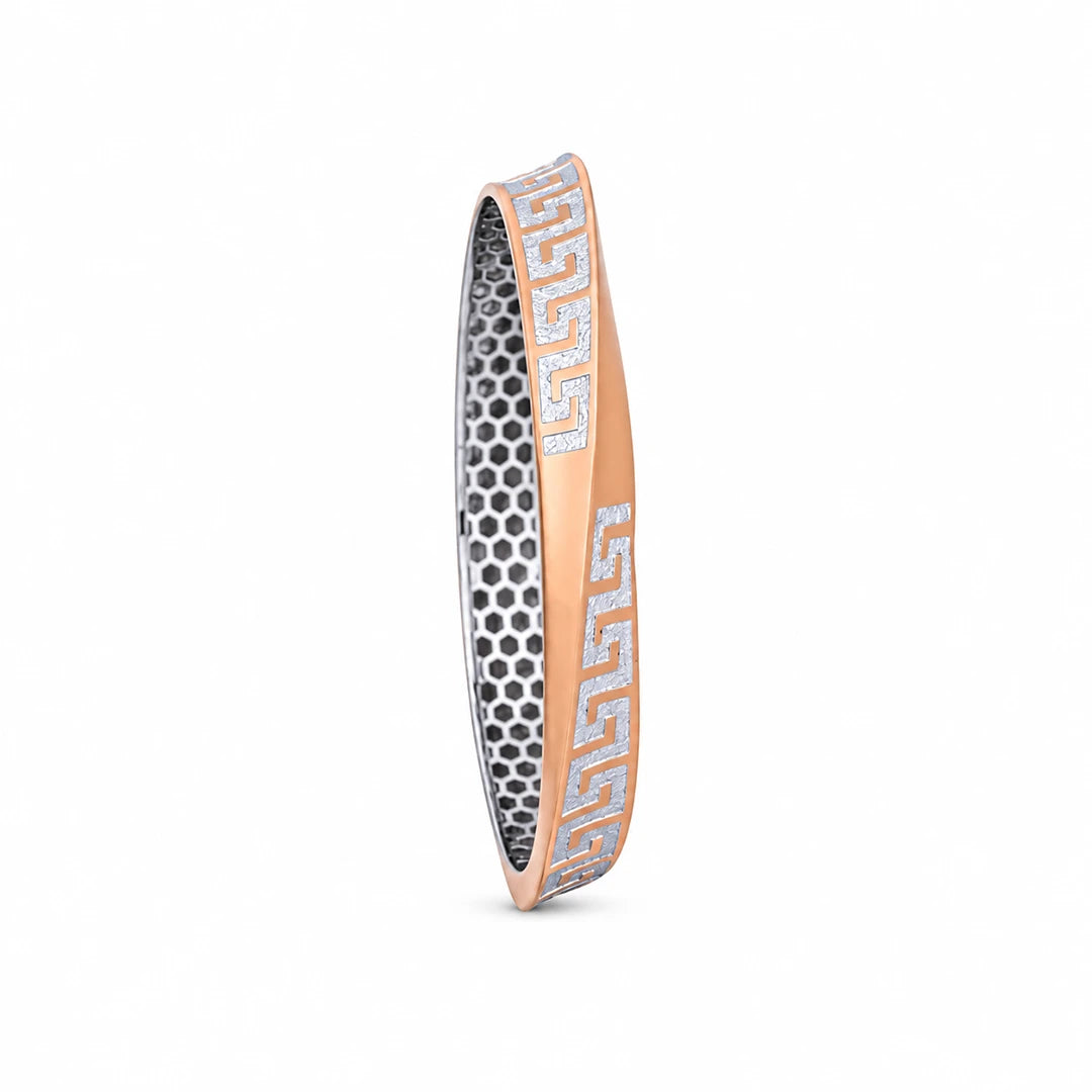 Rose-Tone Greek Key Inlay Ladies Bangle | 925 Sterling Silver