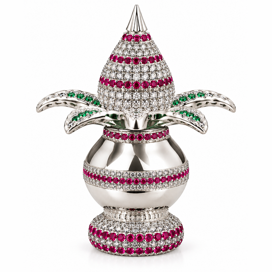 Silver Tone Purna Kalash Showpiece with Jeweled Coconut & Emerald Leaf Accents
