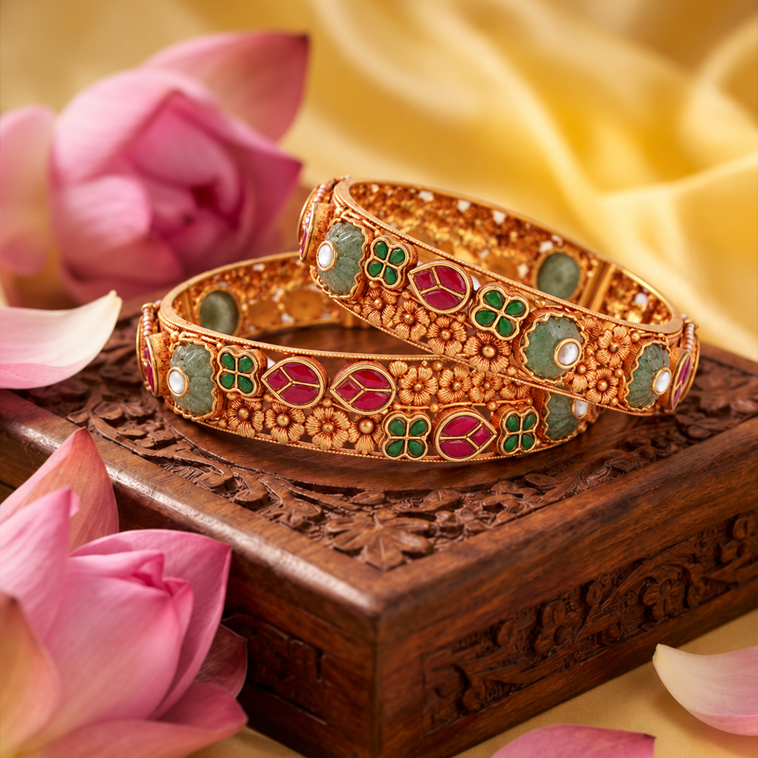 Floral Heritage Bangle Pair with Red & Green Accents