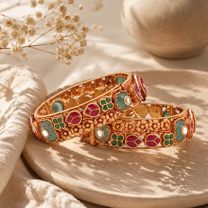Floral Heritage Bangle Pair with Red & Green Accents