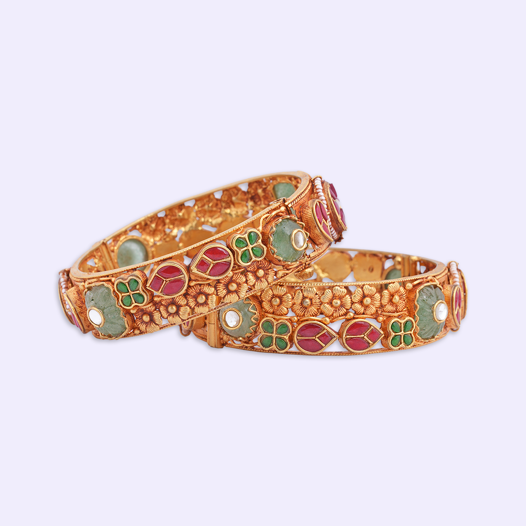 Floral Heritage Bangle Pair with Red & Green Accents