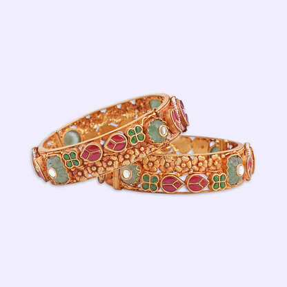 Floral Heritage Bangle Pair with Red & Green Accents