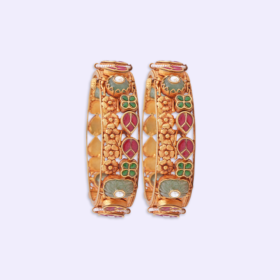 Floral Heritage Bangle Pair with Red & Green Accents