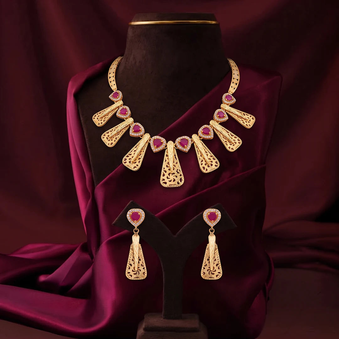 Crimson Heart Filigree Necklace Set | 925 Sterling Silver