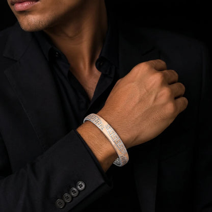 Rose-Silver Meander Panel Ladies Bangle | 925 Sterling Silver