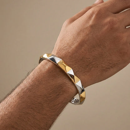 Dual-Tone Faceted Block Ladies Bangle | 925 Sterling Silver