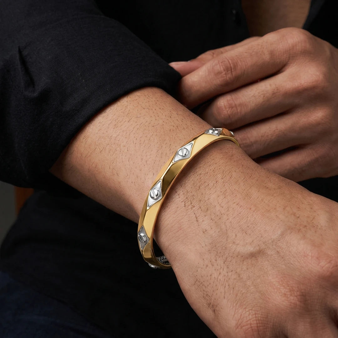 Gold-Silver Studded Panel Ladies Bangle | 925 Sterling Silver