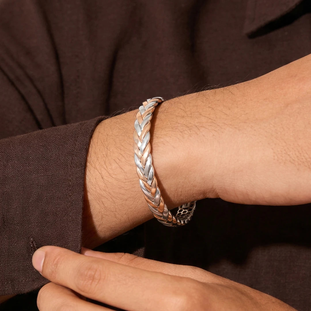 Rose-Silver Braided Chevron Ladies Bangle | 925 Sterling Silver