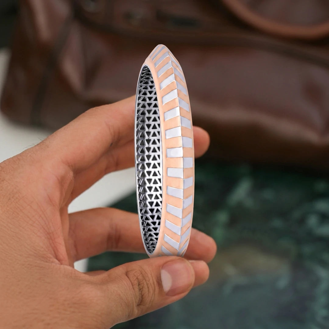 Rose-Silver Herringbone Stripe Ladies Bangle | 925 Sterling Silver