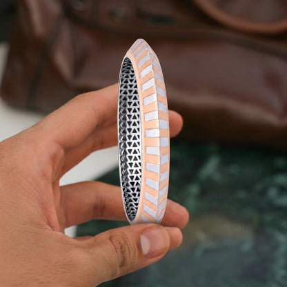 Rose-Silver Herringbone Stripe Ladies Bangle | 925 Sterling Silver