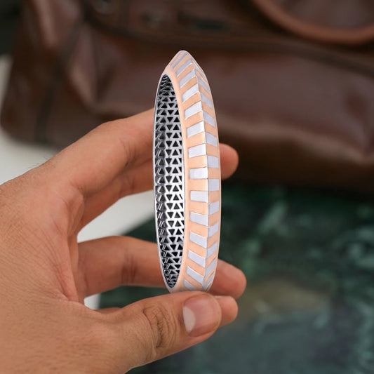 Rose-Silver Herringbone Stripe Ladies Bangle | 925 Sterling Silver