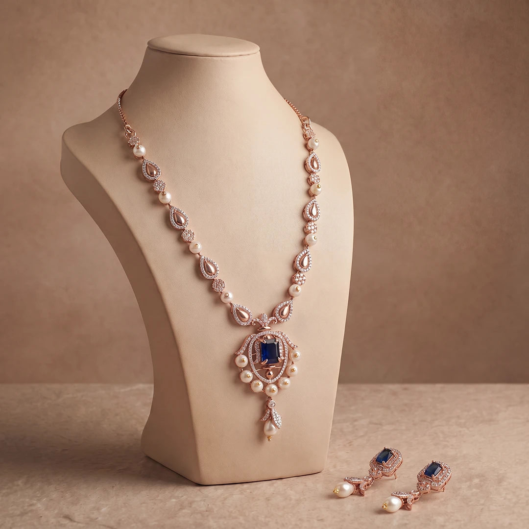 Celestia Blue Pearl Necklace Set 925 Sterling Silver