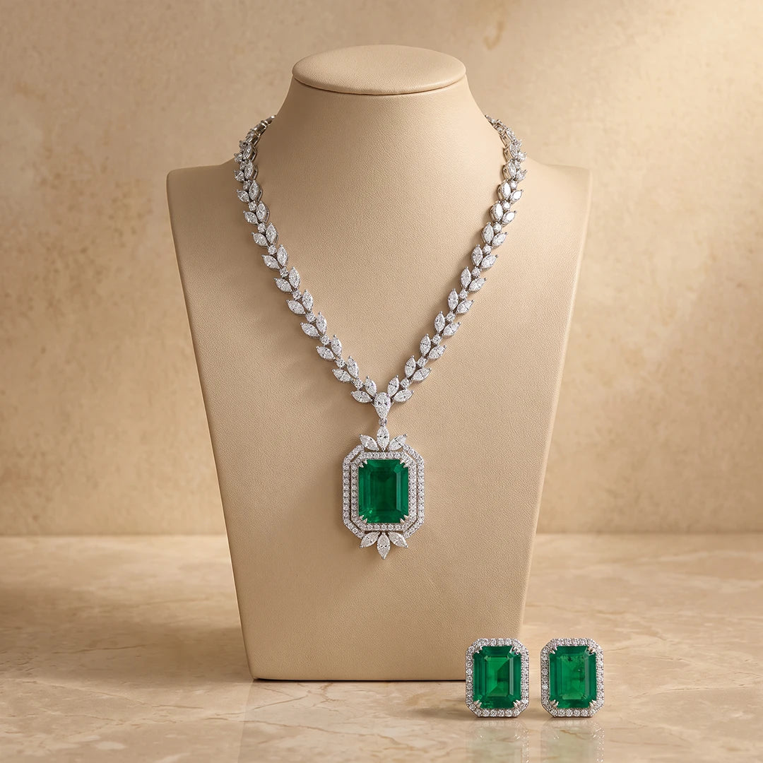 Emerald Crest Leaf Necklace Set | 925 Sterling Silver