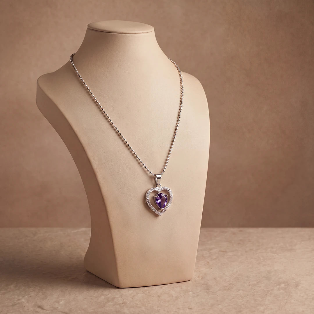 Violet Heart Halo Pendant Necklace | 925 Sterling Silver