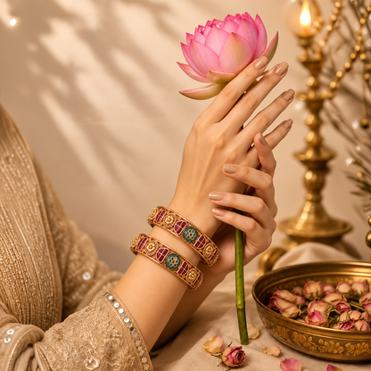 Royal Floral Heritage Bangle Pair with Red & Green Accents